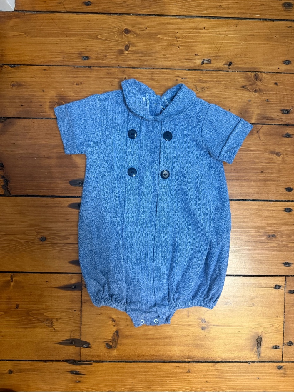 Nantucket Kids Blue Herringbone Romper with Button Detail